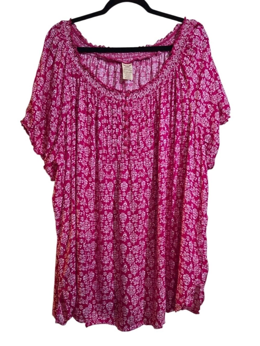 Faded Glory Blouse Women Plus Sz 4X Pink Ditzy Floral Button Pintuck Rayon Flowy